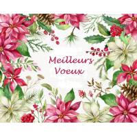 Carte artisanale Meilleurs Voeux Poinsettias rouges et blancs, Houx