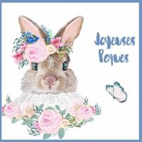 Carte de Pâques "Joyeuses Pâques" Lapinette  et Fleurs roses