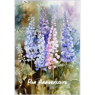 Carte Anniversaire aquarelle Lupins roses et bleus