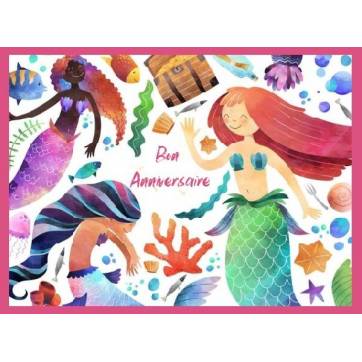 Carte Anniversaire enfants aquarelle Les petites Sirènes