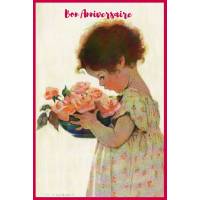 Carte Anniversaire Enfants aquarelle Fillette et Bouquet de Fleurs