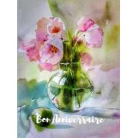 Carte Anniversaire aquarelle Vase fleurs roses