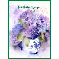 Carte Anniversaire aquarelle Vase d'Hortensias bleus