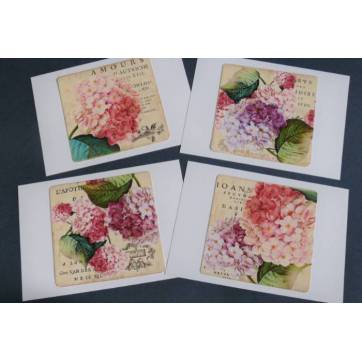 Cartes Anniversaire vintage, Hortensias, paquet de 4 cartes