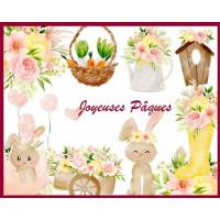 Carte de Pâques Lapinettes, panier et chariot de Fleurs