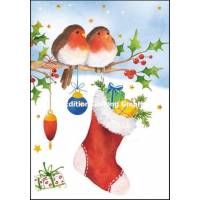 Carte Joyeux Noël ou Nouvel an dble Rouge Gorge et Chaussette