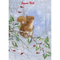 Carte Joyeux Noël  Petit Ecureuil sur la branche de Houx