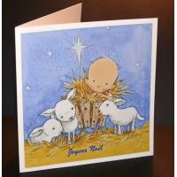 Carte Joyeux Noël aquarelle Enfant Jésus et Moutons