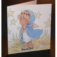 Carte Joyeux Noël aquarelle Petit Ange bleu et Etoiles