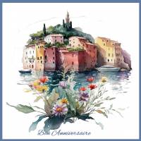 Carte Anniversaire Riviera et Fleurs 2, reproduction d'aquarelle