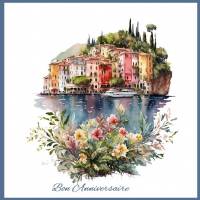 Carte Anniversaire Riviera et Fleurs 6, reproduction d'aquarelle