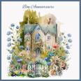 Carte Anniversaire Maison aux volets bleus et fleurs reproduction d'aquarelle