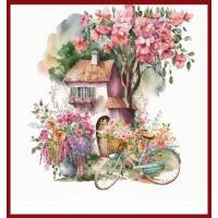 Carte Maison rose Bicyclette et fleurs roses sans texte