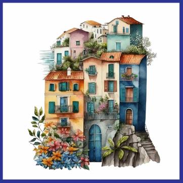 Carte aquarelle Maisons colorées de bord de Mer 1 sans texte