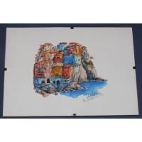 Cadre Sous-verre en plexiglas avec carte artisanale aquarelle Maisons colorées de bord de Mer 1