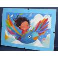 Cadre Sous-verre avec carte artisanale aquarelle Happy Kids Léa chevauchant l'oiseau