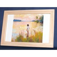 Cadre Sous-verre avec carte artisanale aquarelle Enfant au bord de l'eau