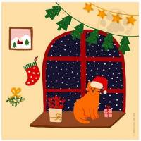 Carte Joyeux Noël et Nouvel An Chat à la fenêtre