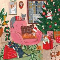 Carte Joyeux Noël et Bonne Année Les chats dans le salon