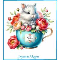 Carte de Pâques Joyeuses Pâques Lapinou dans tasse bleue