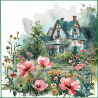 Carte aquarelle Anniversaire Cottage et Fleurs roses sans texte